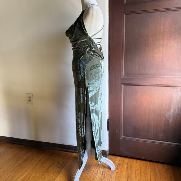 Oh POLLY Green Burnout Velvet Cowl neck Midi Dress Ekin-Su Strappy Back Size  6 - Picture 4 of 6